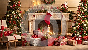 Magical nostalgic retro Christmas presents, sweets and anniversary cakes in front of a festive backdrop with colorful decorations