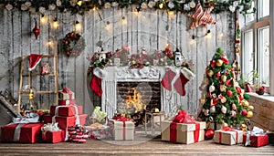 Magical nostalgic retro Christmas presents, sweets and anniversary cakes in front of a festive backdrop with colorful decorations