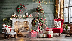 Magical nostalgic retro Christmas presents, sweets and anniversary cakes in front of a festive backdrop with colorful decorations