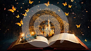 magical old book, fairytale castle tree ancient dream open open light