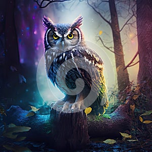 A magical owl in a dark misty forest with dramatic phantasmal iridescent lighting, ai generated