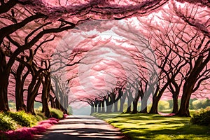 magical pathway covered with pink floral trees