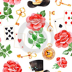 Magical pattern with lovely roses,playing cards,hat,old clock and golden keys