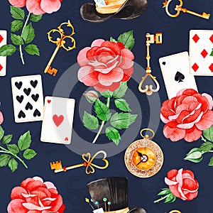 Magical pattern with lovely roses,playing cards,hat,old clock and golden keys