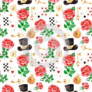 Magical pattern with lovely roses, playing cards, hat, old clock and golden keys