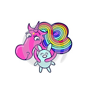 Magical pink unicorn with rainbow hair and blue rabbit.Kids graphics for t-shirts.Unicorn head portrait horse sticker