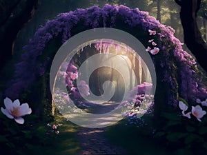 Magical portal with flowers in forest, Generative AI Illustration