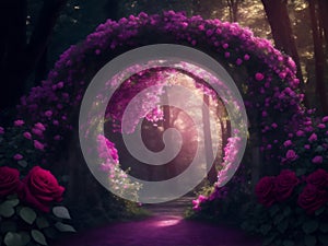 Magical portal with flowers in forest, Generative AI Illustration