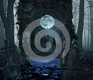 Magical portal in the forest with the castle in the moonlight