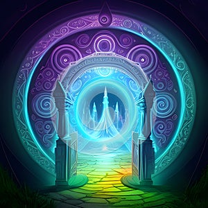 Magical portals depicting a gateways to other worlds using imaginative colors generated by AI photo