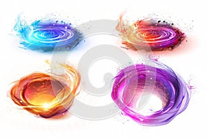 magical portals, each portal framed by swirling vortexes of light and color on a white background. photo