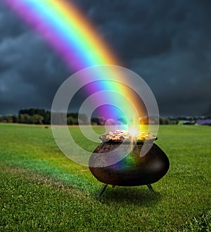 Magical pot of gold at the end of a rainbow