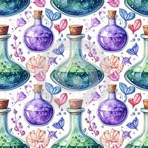 Magical potion bottles with corks and floral elements pattern