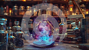 A magical potion brewing in a flask.