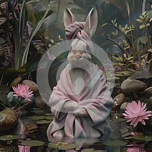 Magical rabbit in a towel turban, pastel bathrobe, amidst a 3D, fantasy garden