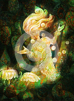 Magical radiant fairy spirit in forest dwelling making floating lights