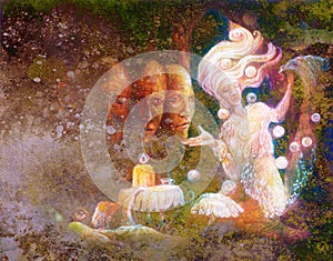 Magical radiant fairy spirit in forest dwelling with sacred tree photo