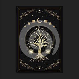 Magical sacred tree in moon phase decoration with engraving, hand drawn, luxury, celestial, esoteric, boho style, fit for