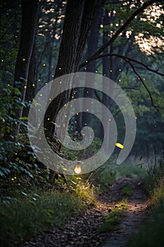 Magical firefly in the night forest