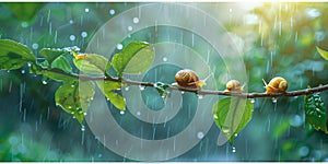 Magical scene of pretty snails perched on a branch amid sparkling raindrops at dawn