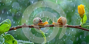 Magical scene of pretty snails perched on a branch amid sparkling raindrops at dawn