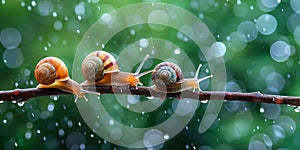 Magical scene of pretty snails perched on a branch amid sparkling raindrops at dawn