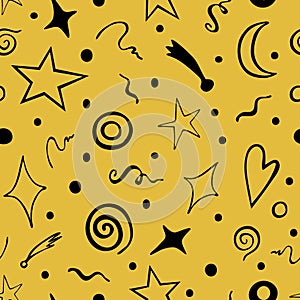 Magical seamless pattern of stars, swirls, the moon, comets, and various circles.vector Doodle illustrations