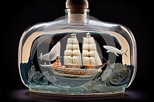 magical ship model in bottle, with ghostly figure on deck