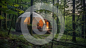 A magical sleep escape awaits in the heart of the forest where a geodesic dome serves as a tranquil oasis for those photo