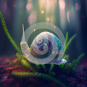 Magical snail in dremy forest