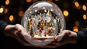 A magical snow globe featuring a miniature Christmas village with tiny houses