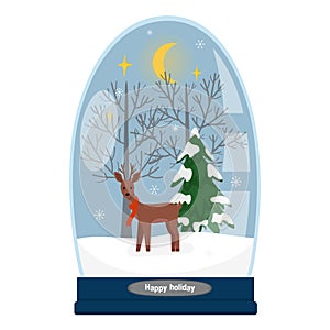 A magical snowball on a white background. A crystal ball with trees and a deer, with a snowy Christmas tree, falling