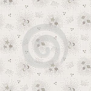 Magical Space Stars, Planet, Moon Background Vector Seamless Pattern. Linen Grey Off White. Gender Neutrral Newborn Baby Bedding.