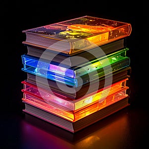 Magical Stack of Glowing Rainbow Books