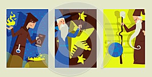 Magical stuff, wizard male character, old sorcery, magic cauldron, flat vector illustration. Neophyte magic training