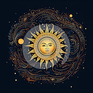 Magical sun for astrology, celestial alchemy. Heavenly art for the zodiac, tarot, device of the universe