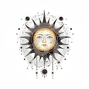 Magical sun for astrology, celestial alchemy. Heavenly art for the zodiac, tarot, device of the universe