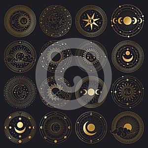 Magical sun and moon circle. Sacred golden ornate circle frames, sun, moon and clouds vector illustration symbols set