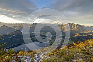 Magical sunrise from Loser-Panoramastrasse with vibrant autumn colours. View at rmorning to the austrian Alps