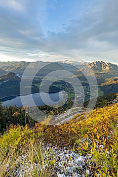 Magical sunrise from Loser-Panoramastrasse with vibrant autumn colours. View at rmorning to the austrian Alps