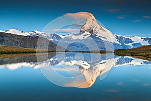 Magical sunrise with Matterhorn peak and Stellisee lake,Valais,Switzerland photo