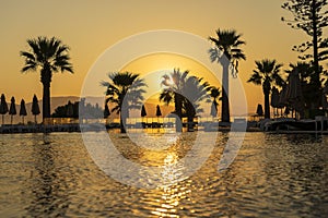 Magical sunrise with silhouette coconut palm tree and swimming pool in luxury hotel resort near sea. Beautiful morning seascape