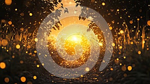 Magical Sunset Path Through Glowing Firefly Woods