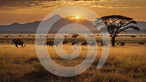 A magical sunset at a safari in africa - ai generated digital art