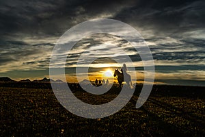 The woman is riding the horse at sunset. photo