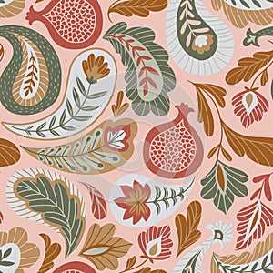 Magical Traditional Paisleys Seamless Pattern for fabric design or wallpaper. Hand-drawn textile print in pink and beige colors.