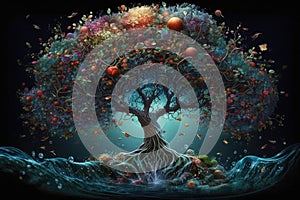magical tree, with colorful fruits and magical water, amidst enchanted garden