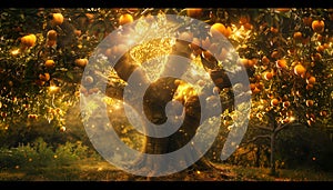 A magical tree with shining fruit at sunset