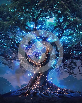 A magical tree whose branches form the familiar arcs of connectivity, its leaves flickering with the strength of the signal ,