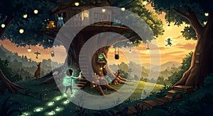 Magical Treehouse Adventure at Sunset